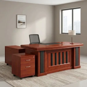 1600mm mahogany executive office table with black leatherette writing inlay, vertical slatted modesty panel, side credenza, and mobile 2-drawer pedestal.