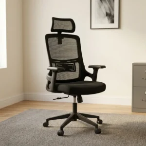 Black high-back mesh office staff chair with adjustable mesh headrest, integrated lumbar support brace, T-shaped armrests, pneumatic tilt lever, and 5-star swivel caster base.