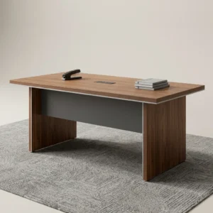 2400mm walnut conference table featuring a rectangular laminate top with silver trim, central cable grommet, dark grey modesty panel, and thick wood slab legs.