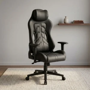 Black leatherette high-back gaming chair with integrated headrest cushion, segmented backrest stitching, harness pass-through cutouts, adjustable T-armrests, and a 5-star swivel caster base.