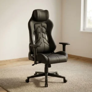 High-back black leatherette gaming chair with integrated headrest cushion, contoured side bolsters, harness pass-through cutouts, height-adjustable T-armrests, and a 5-star swivel caster base.