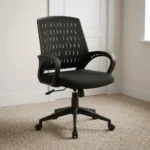 Black mid-back mesh office chair with perforated pattern backrest frame, fixed curved loop armrests, height adjustment cylinder, and chrome 5-star swivel caster base.