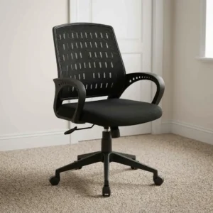 Black mid-back mesh office chair with perforated pattern backrest frame, fixed curved loop armrests, height adjustment cylinder, and chrome 5-star swivel caster base.