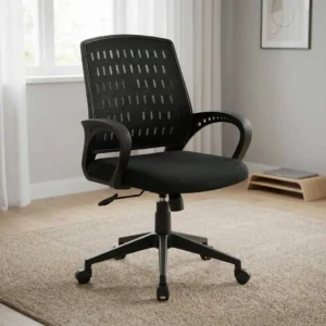 Black mid-back mesh office seat with pattern-perforated backrest, fixed loop armrests with circular cutouts, height adjustment lever, and 5-star swivel caster base.
