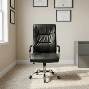 Black leatherette high-back executive office chair with horizontal channel stitching, chrome fixed armrests with black arm pads, and a chrome 5-star swivel caster base.