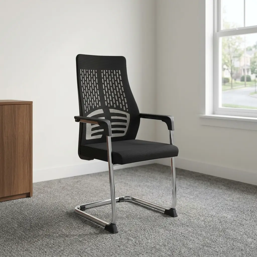 Black high-back mesh visitor waiting chair with patterned backrest design, lumbar support frame, fixed armrests, and chrome cantilever sled base.