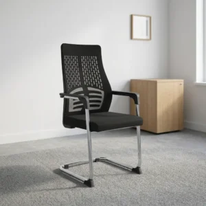 Black high-back mesh visitor waiting chair with patterned backrest design, lumbar support frame, fixed armrests, and chrome cantilever sled base.