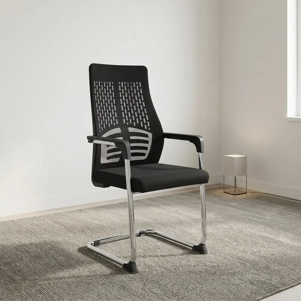 Black high-back mesh visitor waiting chair with patterned backrest design, lumbar support frame, fixed armrests, and chrome cantilever sled base.