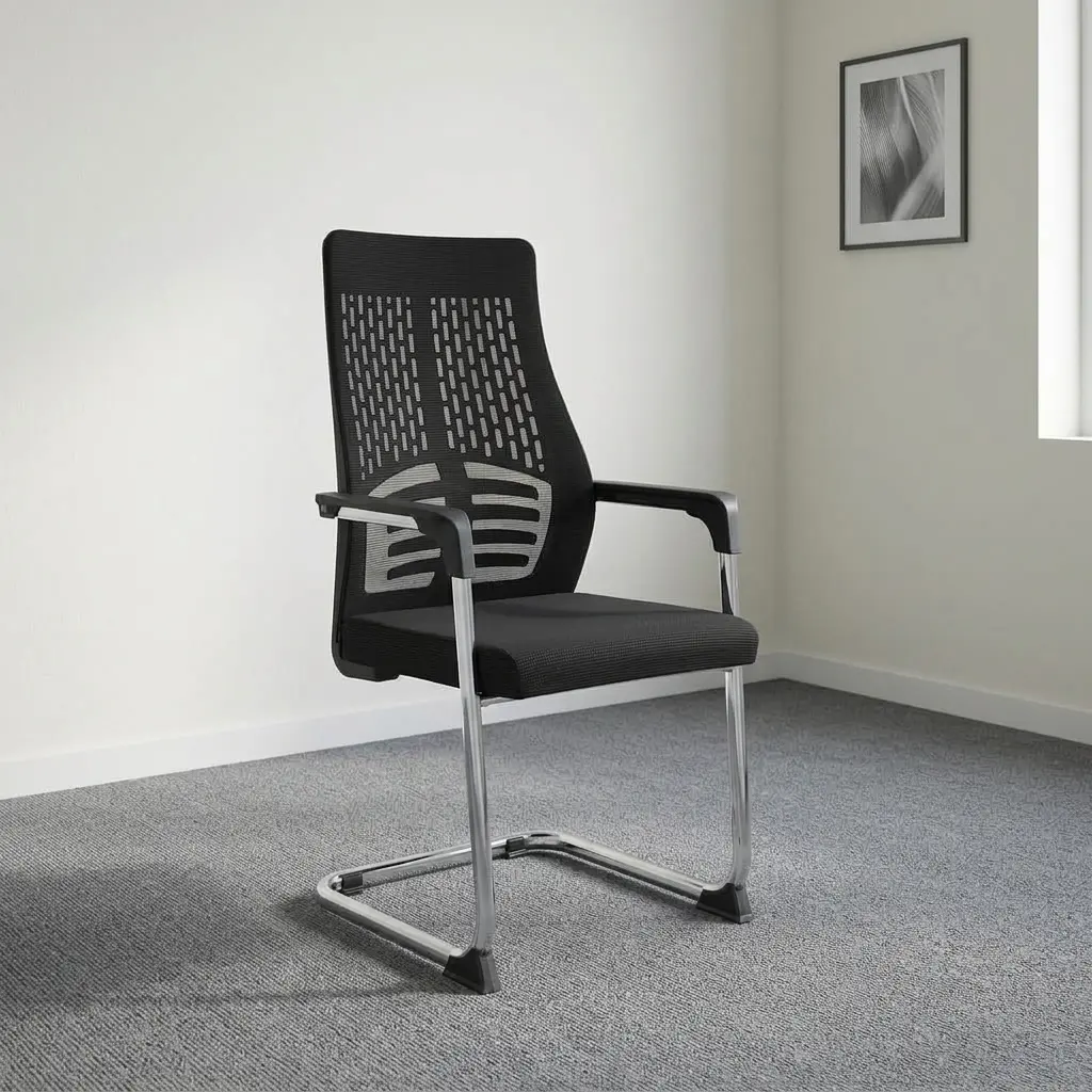 Black high-back mesh visitor waiting chair with patterned backrest design, lumbar support frame, fixed armrests, and chrome cantilever sled base.