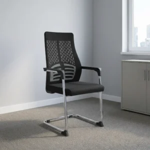 Black mesh high-back office conference chair with patterned lumbar support backrest, fixed plastic armrest pads, and a polished chrome cantilever sled base.