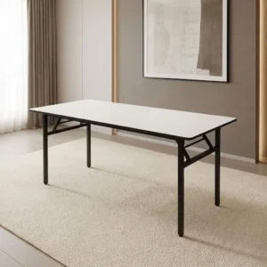 Rectangular white laminate folding training table with black metal frame and folding leg mechanism.