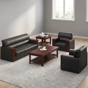 5-seater black leatherette executive office sofa set comprising a 3-seater couch, two single armchairs with mahogany wood trim accents, and a matching coffee table.