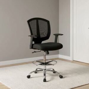 Black mid-back mesh cashier drafting chair with T-armrests, chrome adjustable foot ring, height adjustment lever, and chrome 5-star caster base.