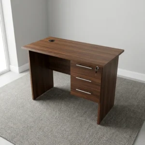 1.0m walnut laminate home office desk with desktop cable grommet, panel legs, and an integrated three-drawer lockable pedestal.