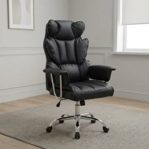 Black leatherette high-back butterfly executive office chair with segmented padded cushions, padded armrests, and a chrome 5-star swivel caster base.