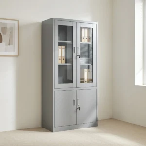 Grey steel office file cabinet with upper lockable glass display doors and lower lockable solid metal storage doors.