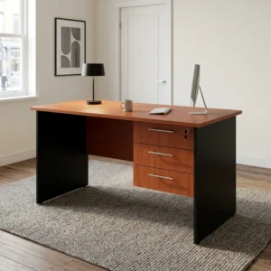 1.0m cherry wood laminate home office study desk with black panel legs and an integrated three-drawer lockable storage pedestal.