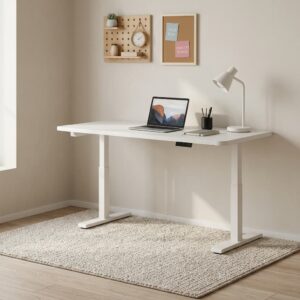 1.2m white electric height-adjustable standing desk with digital control panel and white dual T-frame motorized legs.