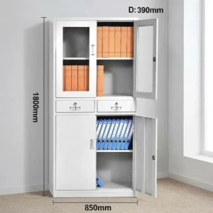 White steel office storage cabinet featuring an upper glass-door display section, two middle lockable drawers, and a lower double-door steel cabinet.