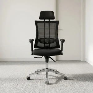 Black high-back mesh orthopedic office chair featuring an adjustable headrest, built-in lower lumbar support, T-armrests, and a chrome 5-star swivel caster base.