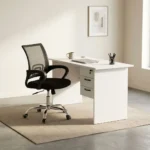 1.0m white office desk with integrated 3-drawer lockable pedestal unit paired with a black mid-back mesh office swivel chair with a chrome base.