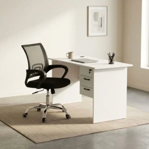 1.0m white office desk with integrated 3-drawer lockable pedestal unit paired with a black mid-back mesh office swivel chair with a chrome base.