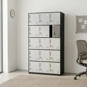 5-door steel office locker cabinet with grey doors, key locks, label slots, ventilation louvers, and a black outer frame.