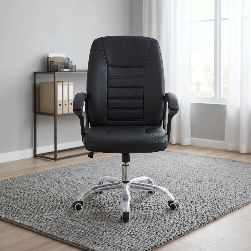 Black leatherette high-back ergonomic executive office chair with horizontal stitched backrest padding, fixed padded armrests, and a chrome 5-star swivel caster base.
