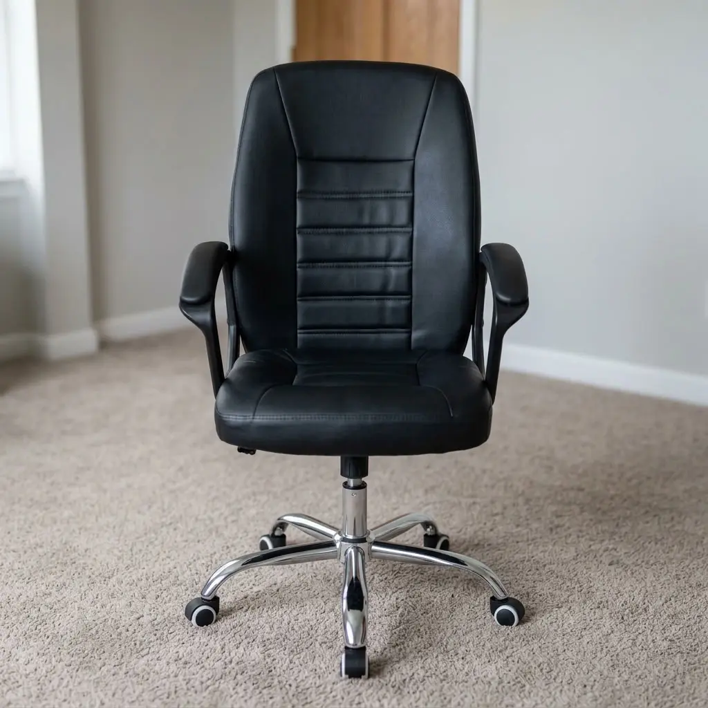 Black leatherette high-back ergonomic executive office chair with horizontal stitched backrest padding, fixed padded armrests, and a chrome 5-star swivel caster base.