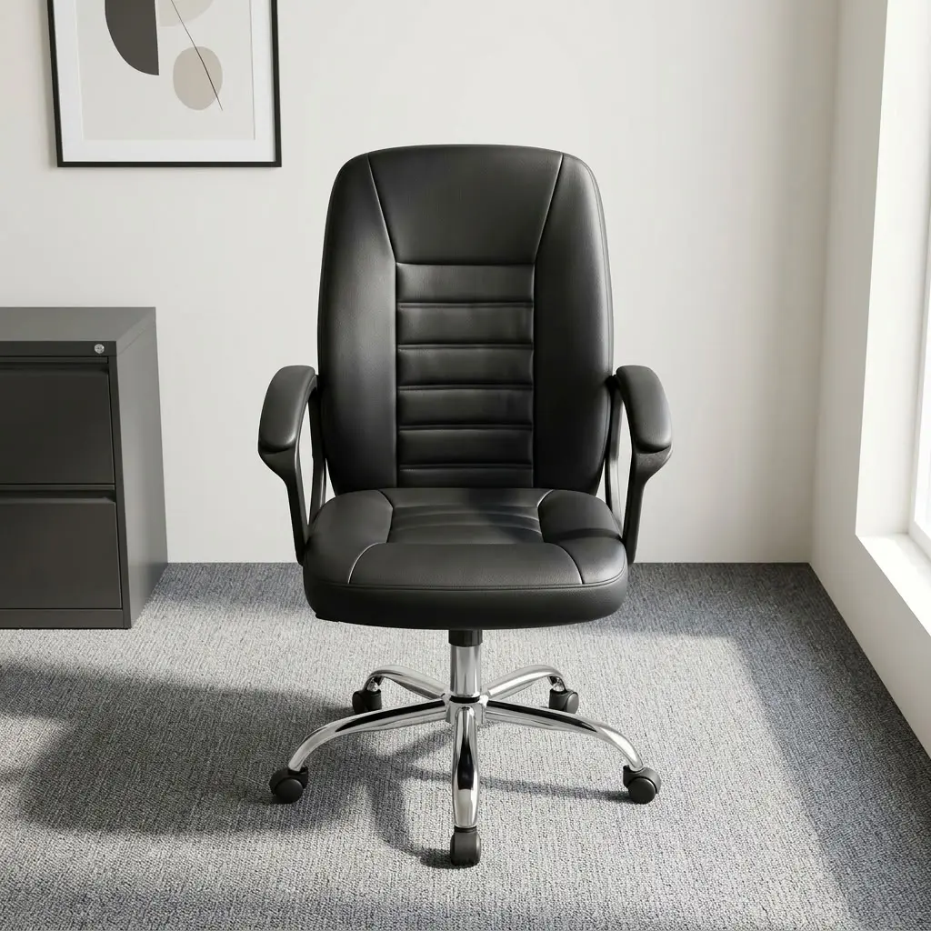 Black leatherette high-back ergonomic executive office chair with horizontal stitched backrest padding, fixed padded armrests, and a chrome 5-star swivel caster base.