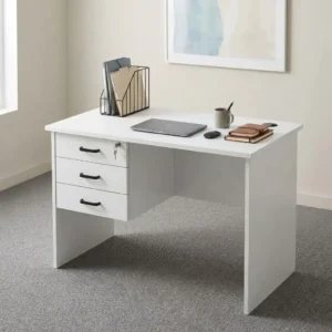 1.2m white office study desk featuring a rectangular top with cable grommet, panel leg base, and integrated three-drawer lockable storage pedestal with black handles