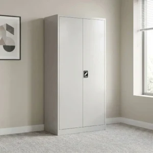 Tall light grey 2-door lockable steel office file cabinet with a central black key-lock handle and multi-tier adjustable interior shelving.