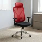 Red high-back mesh ergonomic office chair with an adjustable headrest, black fabric seat, T-armrests, Y-frame back support, and a polished chrome 5-star swivel caster base.