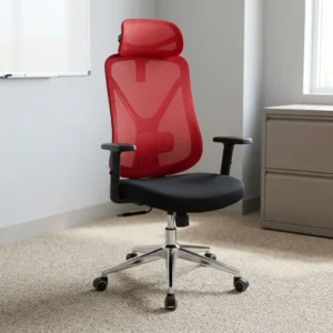 Red high-back mesh ergonomic office chair with an adjustable headrest, black fabric seat, T-armrests, Y-frame back support, and a polished chrome 5-star swivel caster base.