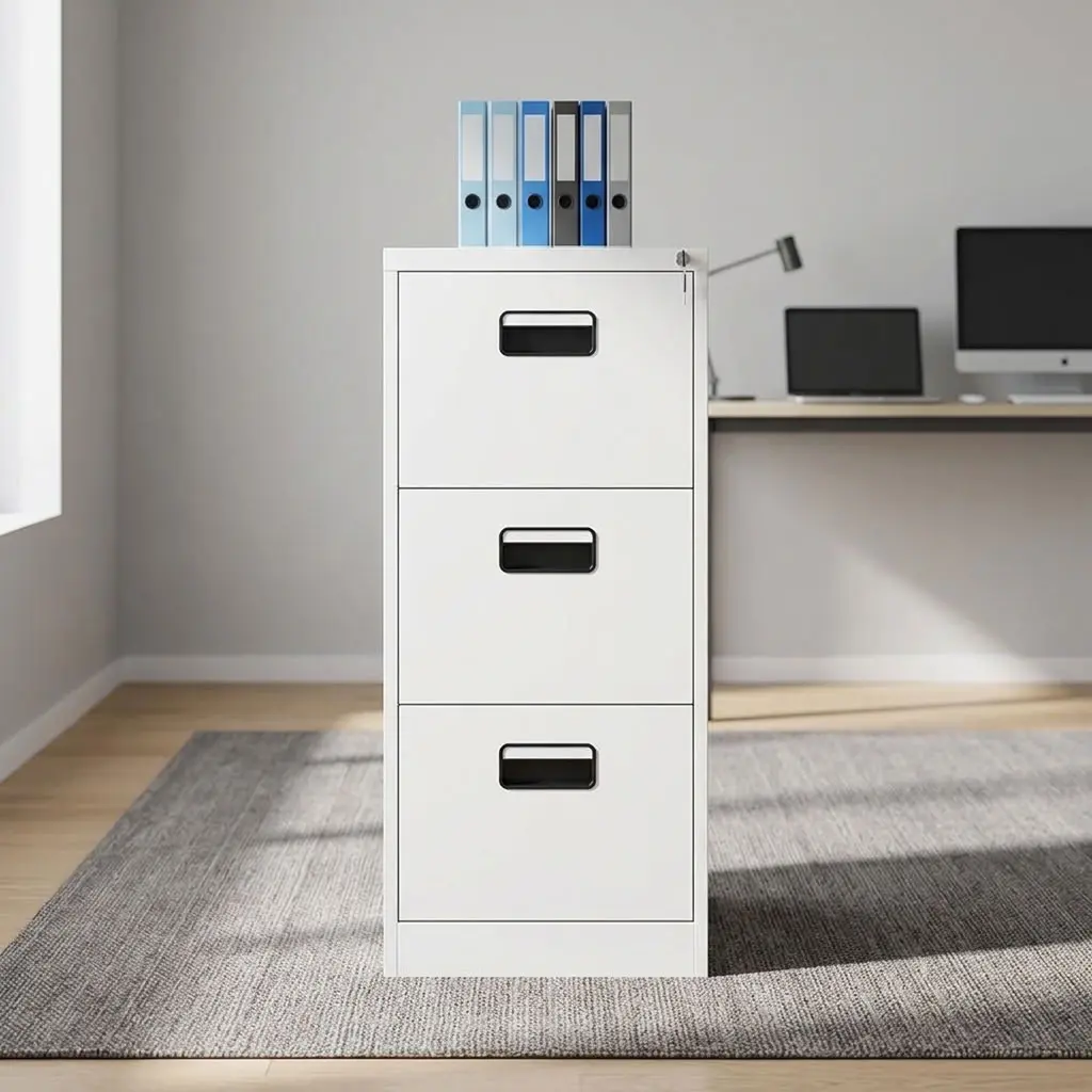 White vertical 3-drawer steel filing cabinet featuring black inset handles and a central locking mechanism.