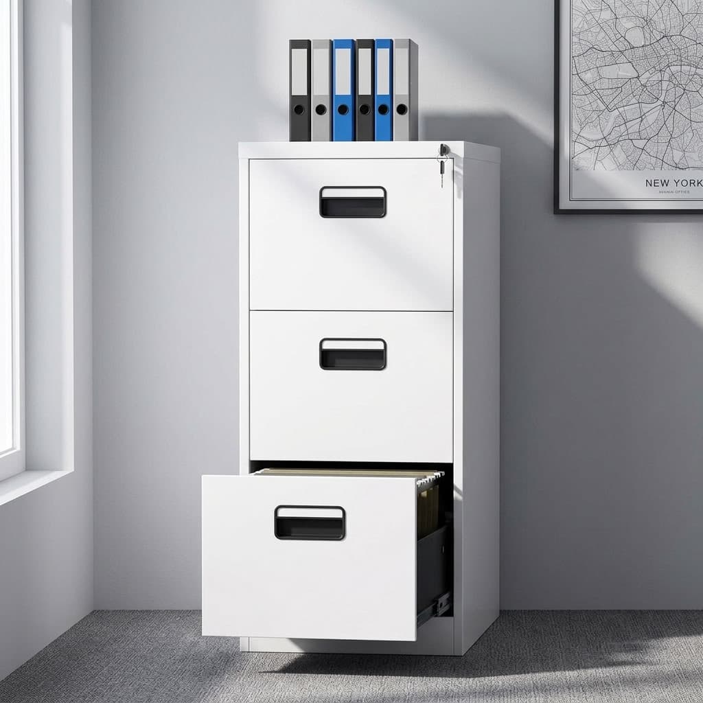 White vertical 3-drawer steel filing cabinet featuring black inset handles and a central locking mechanism.