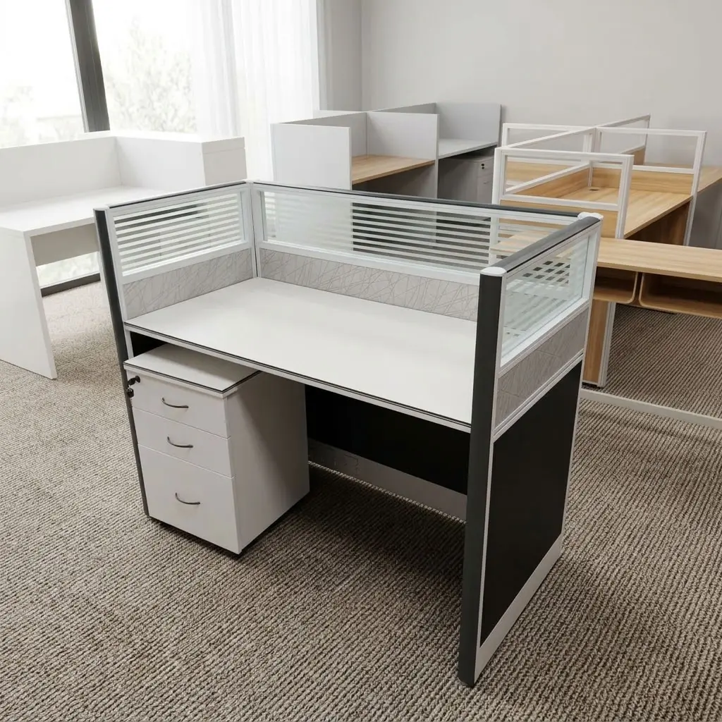 Single-person 1-way office workstation desk in white with aluminum-framed frosted glass privacy partition panels and a matching mobile 3-drawer pedestal cabinet.