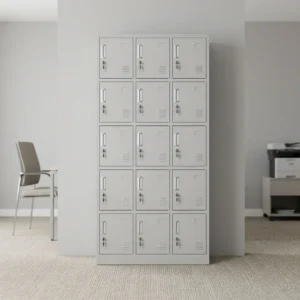 Light grey 15-door steel locker cabinet in a 3x5 grid featuring recessed handles, individual key locks, and ventilation louvers.