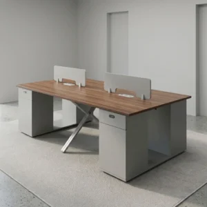4-seater modular workstation desk in walnut wood featuring central grey privacy dividers, diagonal metal support legs, and integrated side storage cabinets.