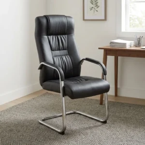 Black leather high-back executive visitor chair featuring ribbed central stitching, padded armrests, and a chrome cantilever sled base.