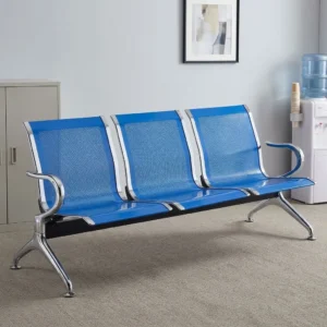 3-seater blue perforated steel airport waiting bench with curved chrome armrests and flared legs on a black beam frame.