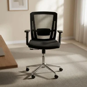 Black medium-back orthopedic mesh office seat with adjustable T-armrests, built-in lumbar support, and a chrome 5-star swivel caster base.