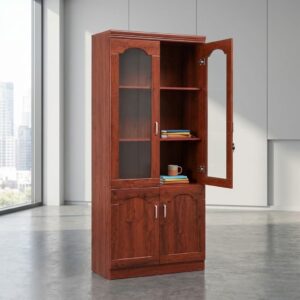 Mahogany wooden 2-door filing cabinet with arched glass upper doors, key lock mechanism, solid lower cabinet doors, vertical silver handles, and four interior display shelves.