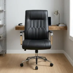 Black leatherette mid-back office chair with vertical geometric stitched backrest, padded chrome fixed armrests, pneumatic height control lever, and chrome 5-star swivel caster base.