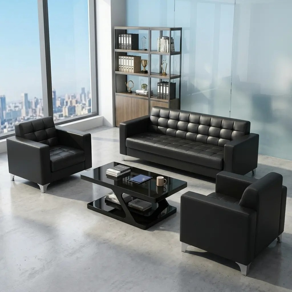 5-seater black leatherette reception sofa set with tufted grid seats, square armrests, chrome L-shaped corner feet, and matching glass-top coffee table.