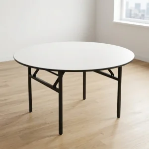 1.2m circular white laminate folding meeting table with black edge trim and black steel folding legs with locking cross-braces.