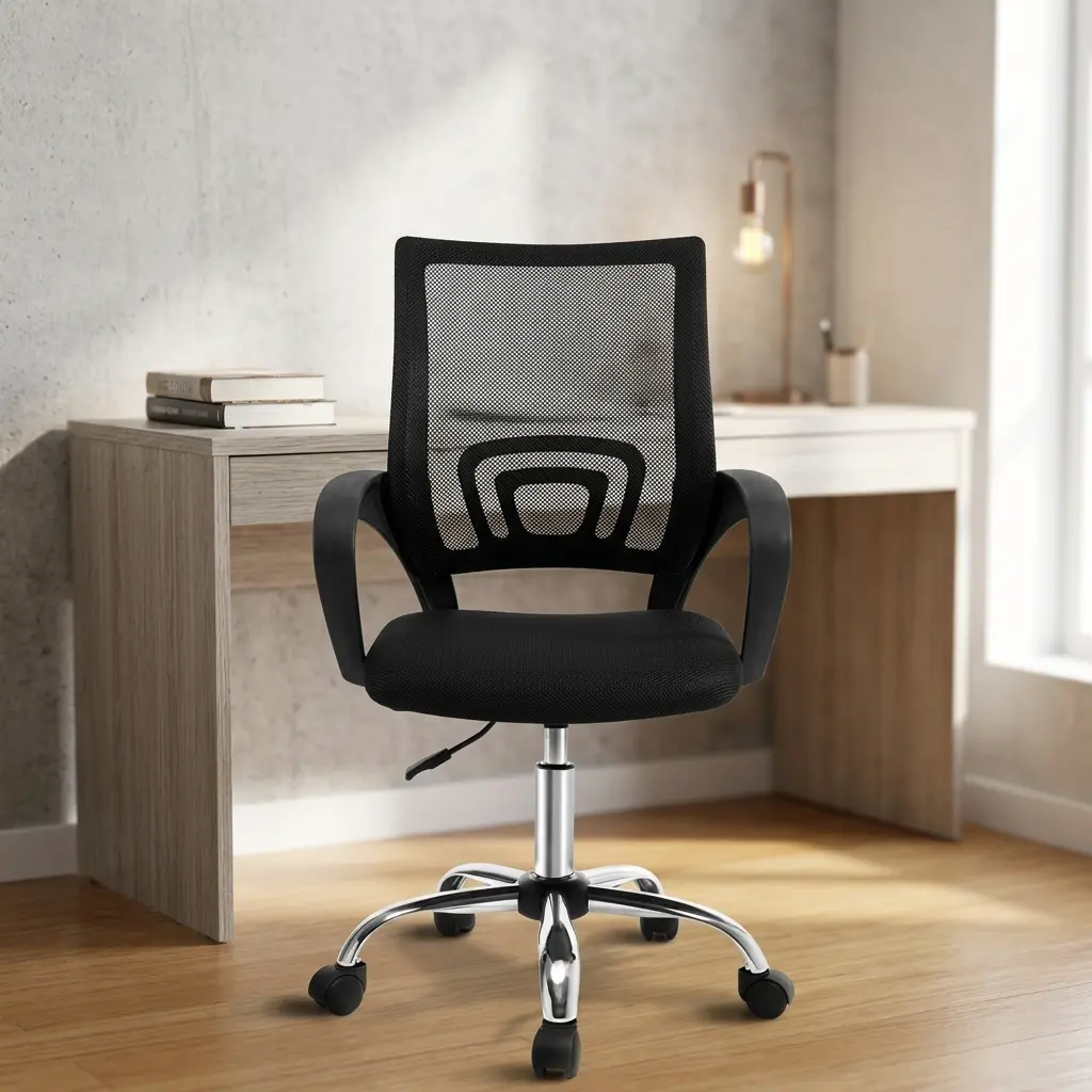 Black mid-back mesh clerical office chair with lower lumbar brace, fixed curved loop armrests, height adjustment lever, and chrome 5-star swivel caster base.