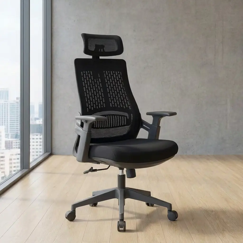 Black high-back mesh office chair with rectangular padded headrest, slatted lumbar support insert, 2D height-adjustable T-armrests, pneumatic lever, and black 5-star swivel caster base.