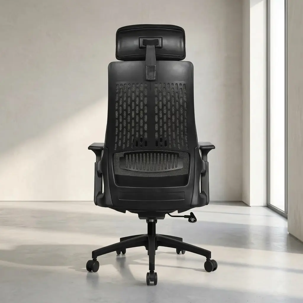 Black high-back mesh office chair with rectangular padded headrest, slatted lumbar support insert, 2D height-adjustable T-armrests, pneumatic lever, and black 5-star swivel caster base.