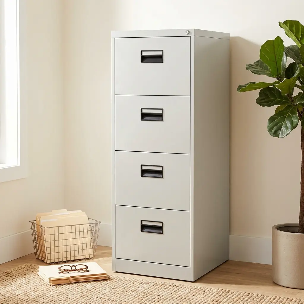 White steel 4-drawer vertical filing cabinet with key lock cylinder, dark recessed handles, and open bottom drawer showing slide rails.